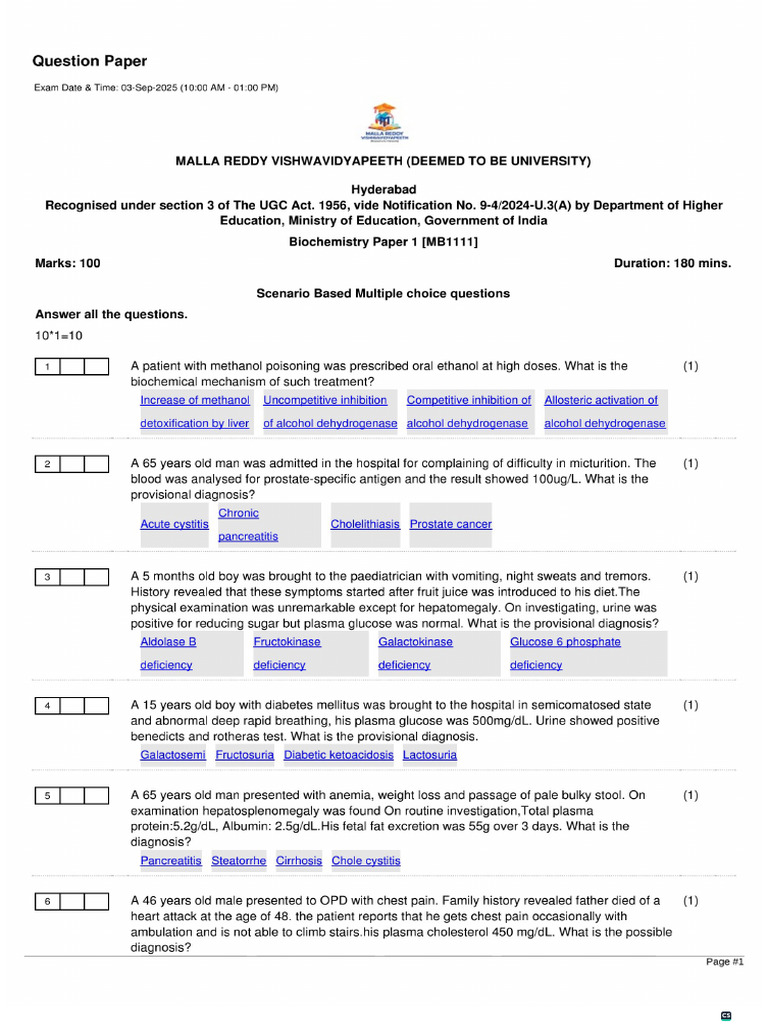 MBBS MB1111 Biochemistry Paper-1 | PDF