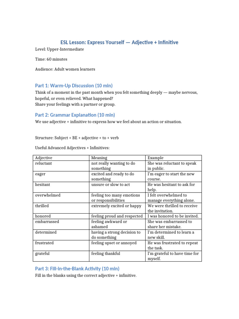 Adjective + Infinitive for Adults | PDF