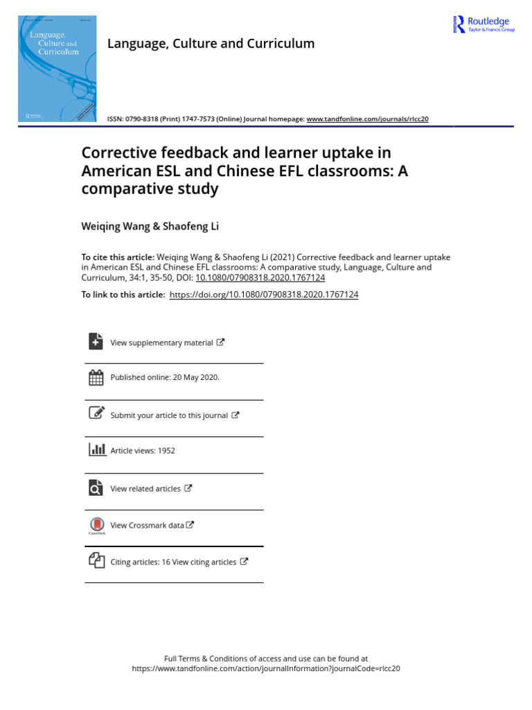 ESL vs. EFL: Feedback and Learner Uptake | PDF | English As A Second Or ...