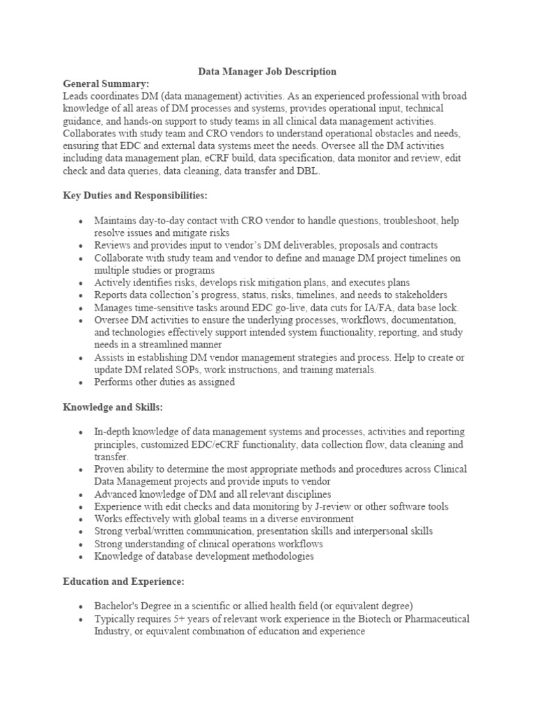Data Manager Job Description Overview | PDF | Data | Databases