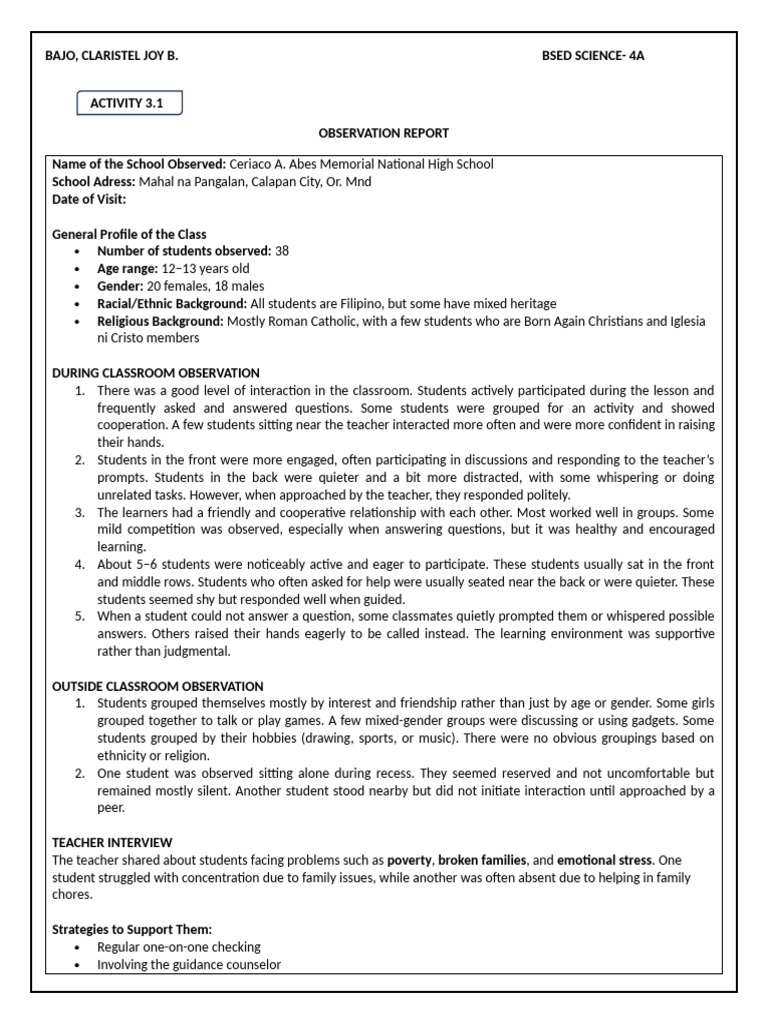 Classroom Observation Report Summary | PDF | Differentiated Instruction ...