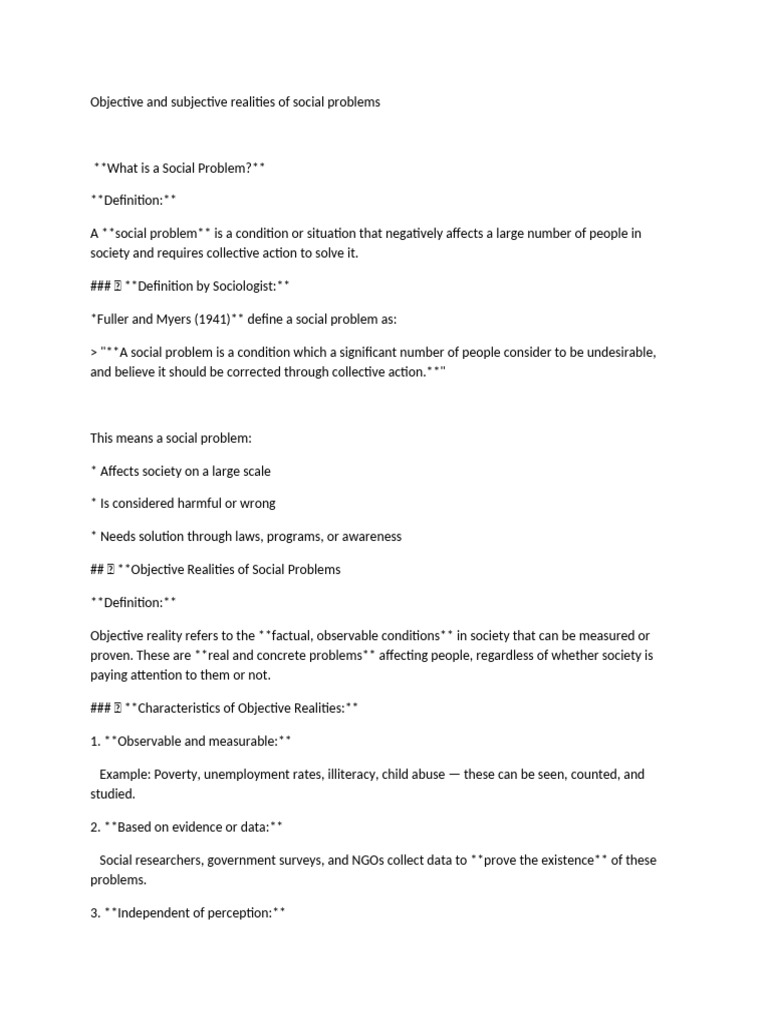 Objective vs Subjective Social Problems | PDF | Reality | Social Work