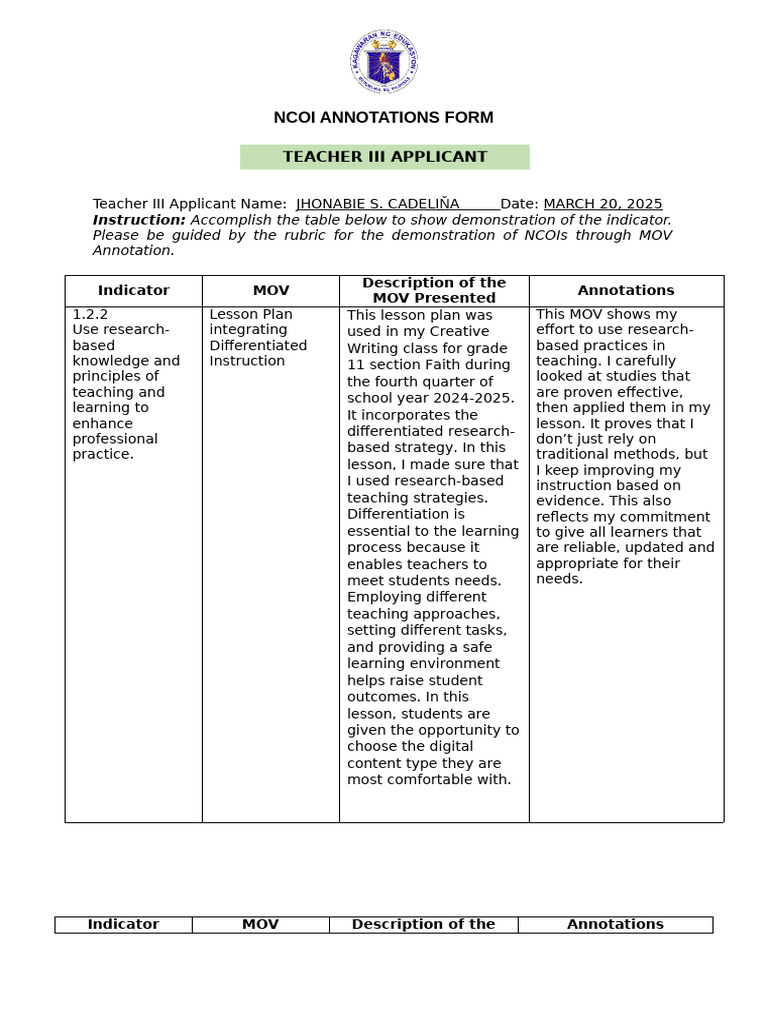 NCOI Annotations for Teacher III Applicants | PDF | Learning | Teachers