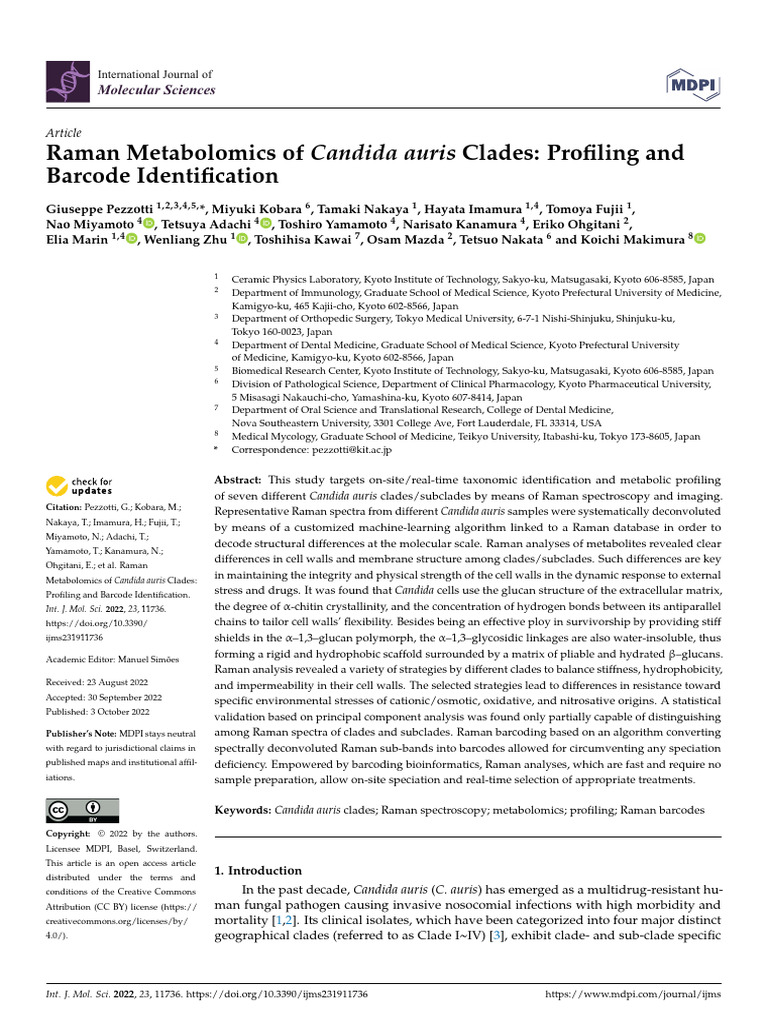 Raman Metabolomics of Candida Auris Clades Profiling and Barcode ...