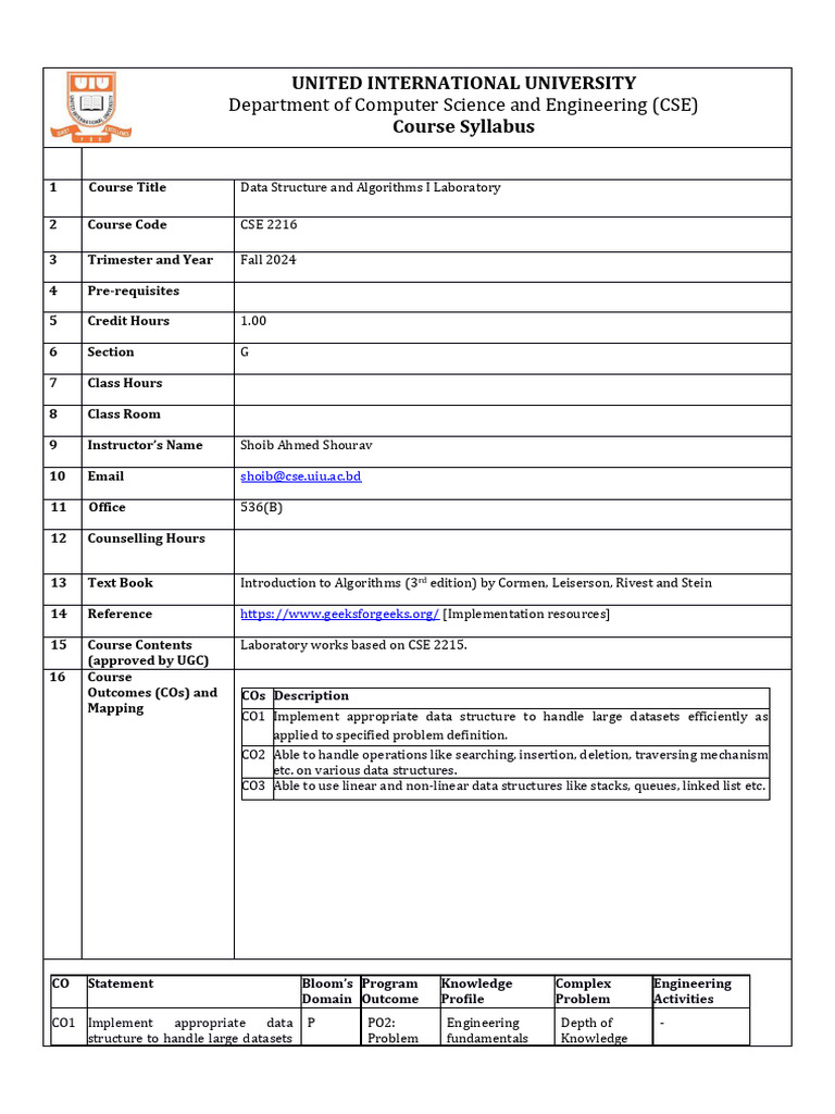 Data Structures & Algorithms Lab Syllabus | PDF | Algorithms ...