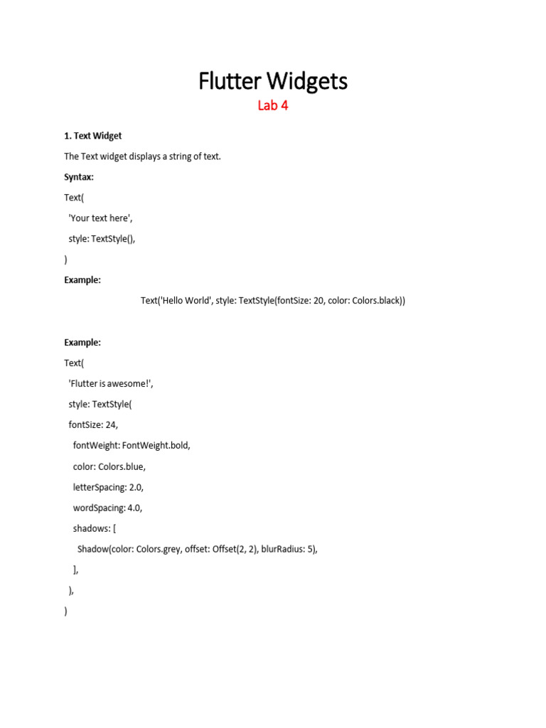 Flutter Widgets Overview and Examples | PDF | Icon (Computing ...