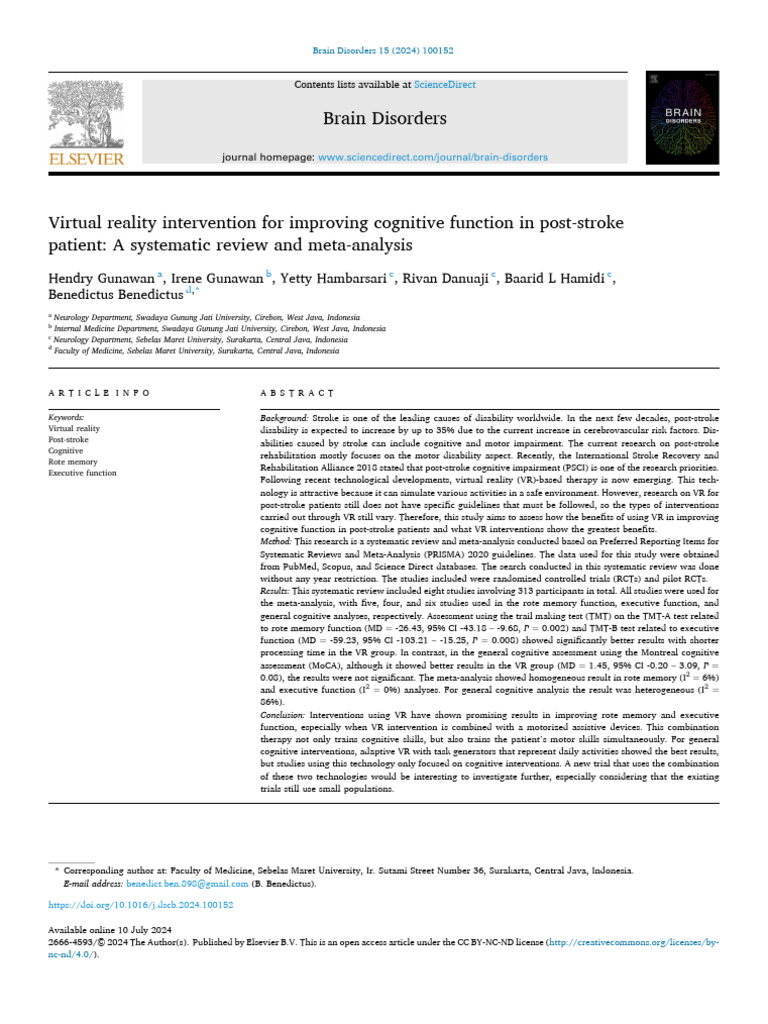 Virtual Reality Intervention For Improving Cognitive Function in Post ...