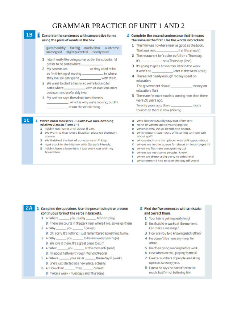 Grammar and Vocabulary Practice of English 3-Unit 1 | PDF