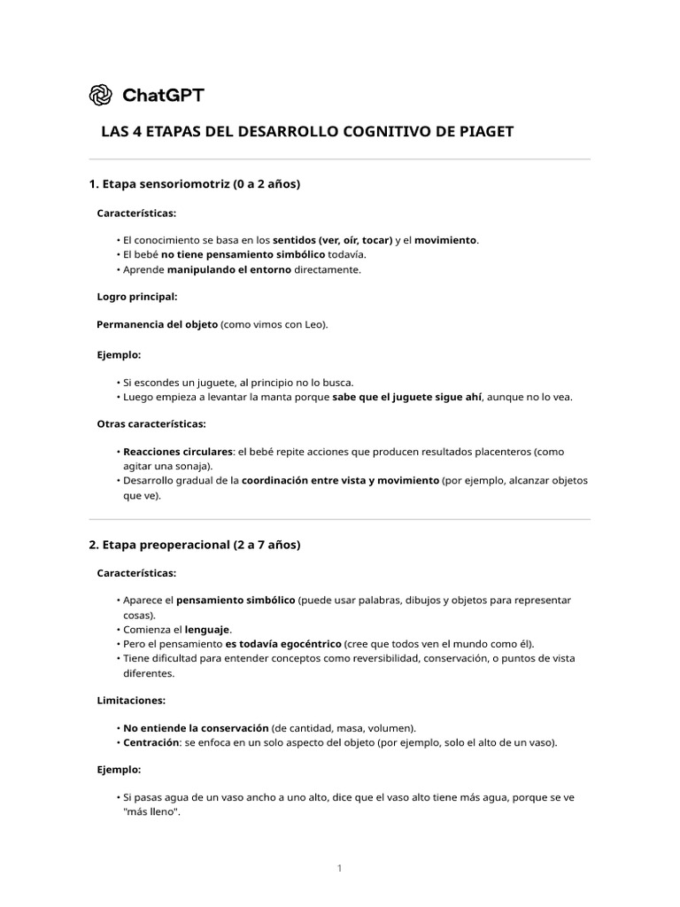 Etapas del Desarrollo Cognitivo de Piaget | PDF | Inteligencia | Las ...