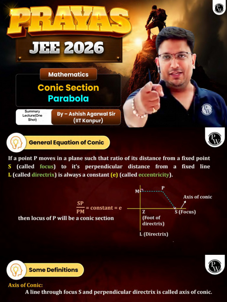 Summary Lecture - Conic Section - Parabola Class Notes | PDF