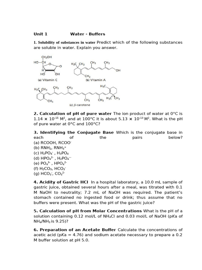 Exercises For The Unit 1 - Water - Buffers | PDF