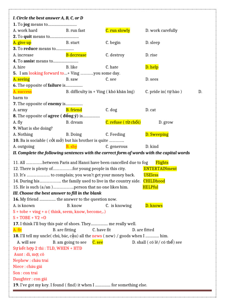 Vocabulary and Grammar Practice Test | PDF