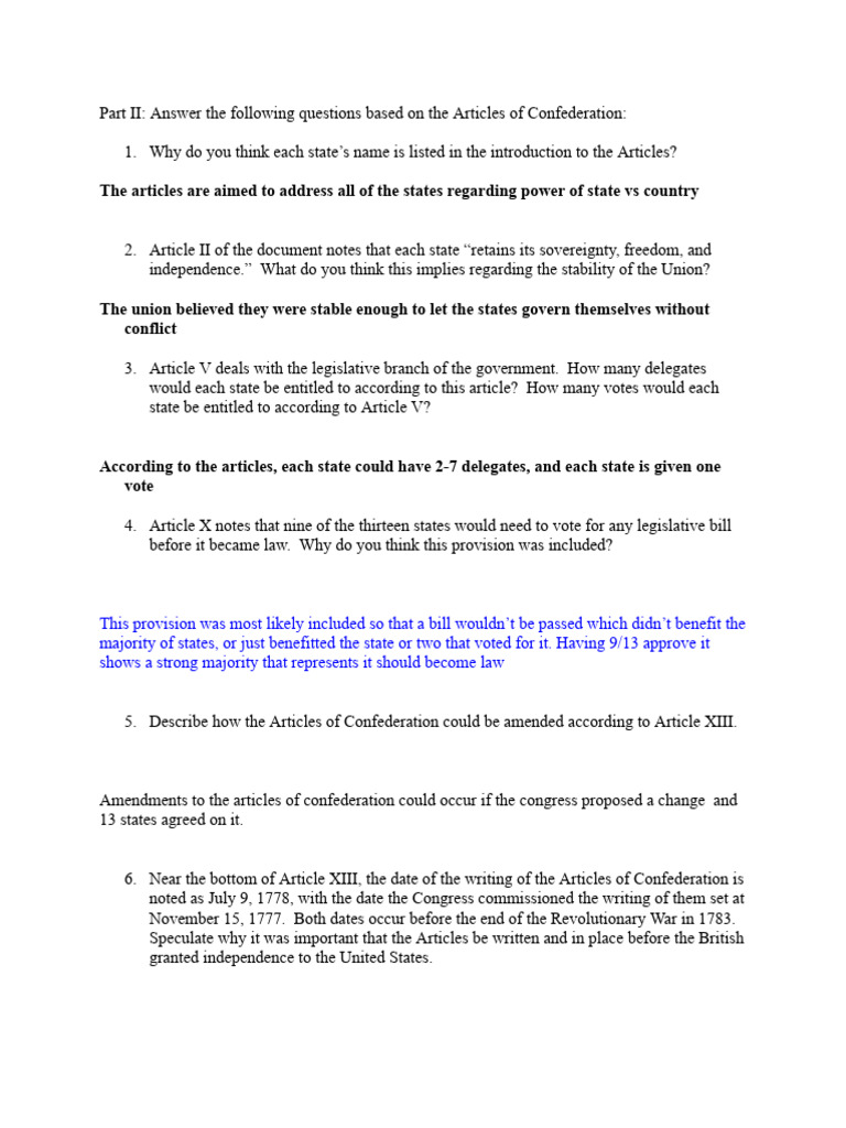 Articles of Confederation Questions | PDF | Founding Fathers Of The ...