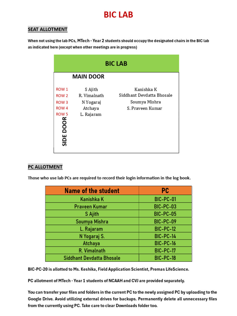 BIC Lab Seat and PC Allocation Guide | PDF