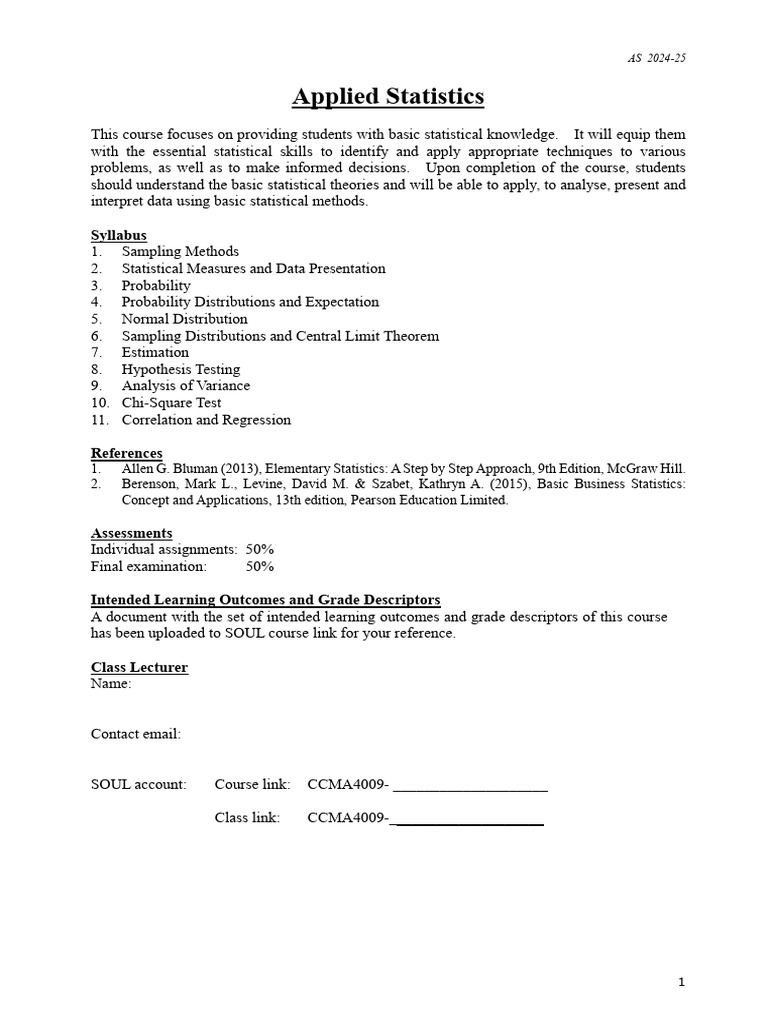 Applied Statistics Course Overview | PDF | Variance | Sampling (Statistics)