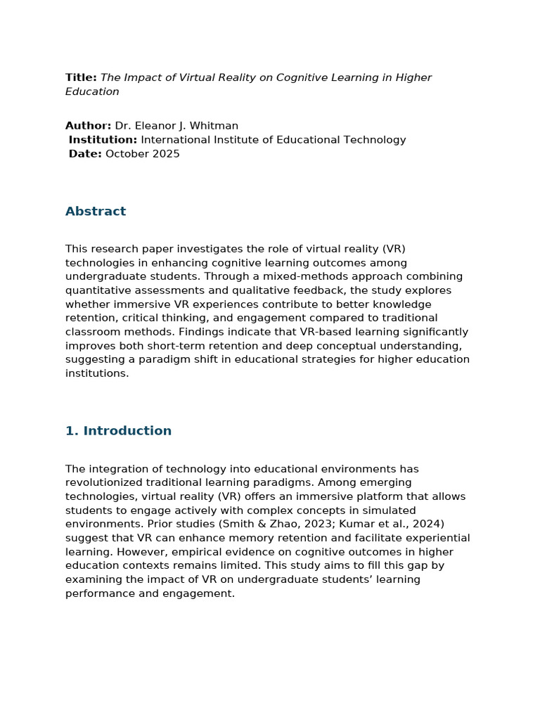 The Impact of Virtual Reality On Cognitive Learning in Higher Education ...