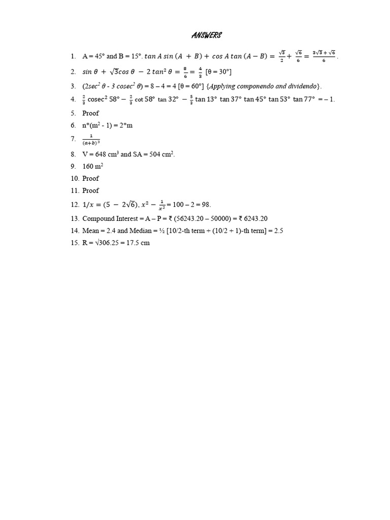 Class IX - Maths Test03 - Answers | PDF