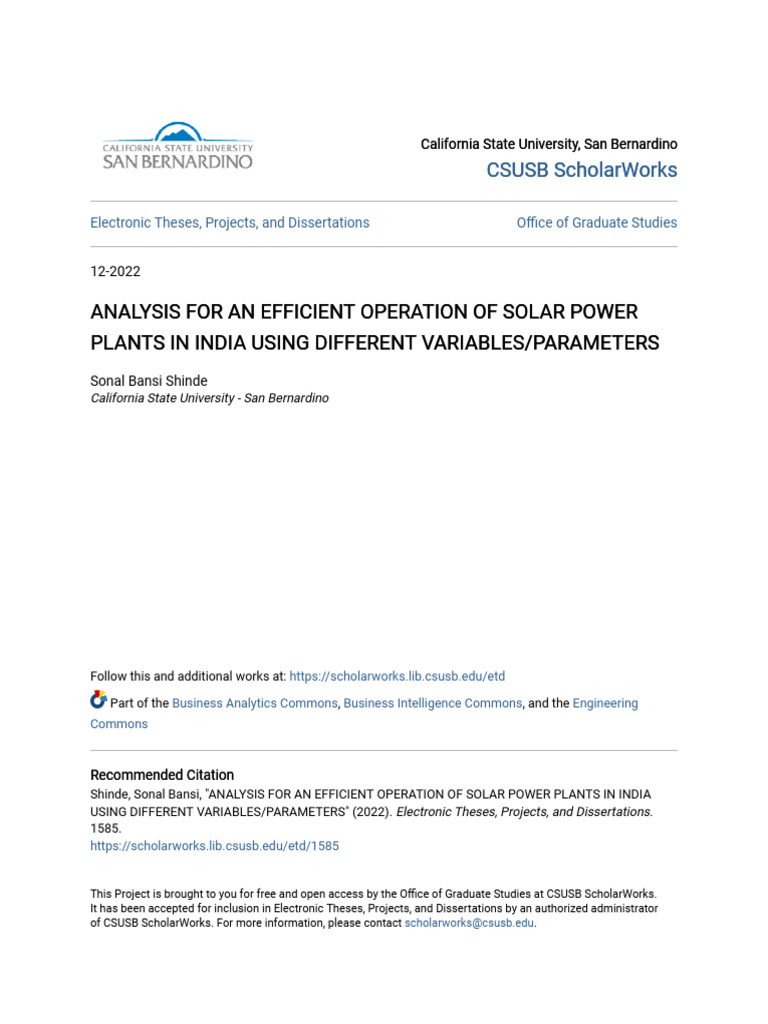 Analysis For An Efficient Operation of Solar Power Plants in Indi | PDF ...