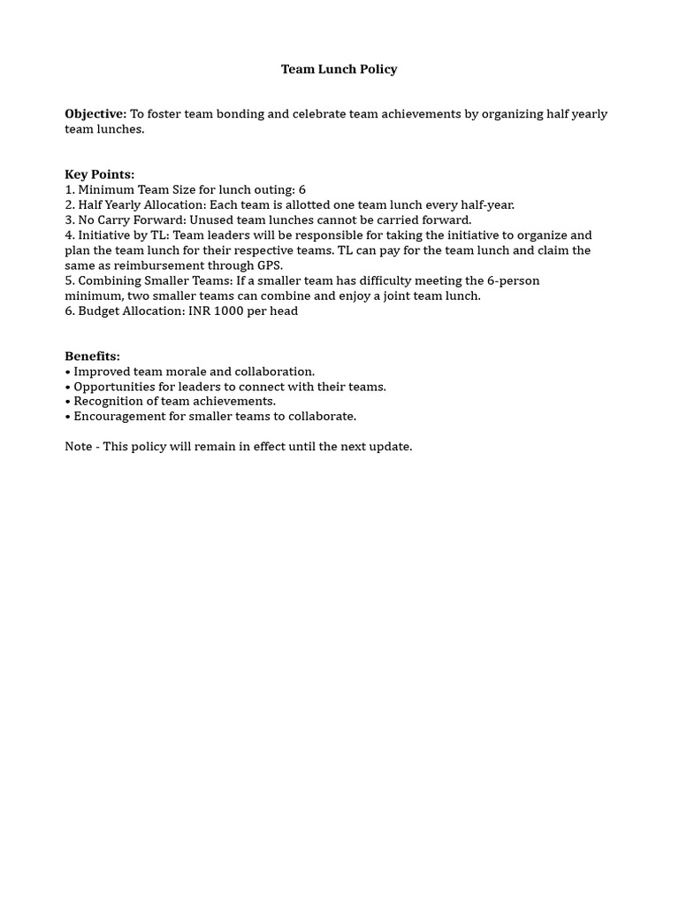 Team Lunch Policy Overview and Guidelines | PDF