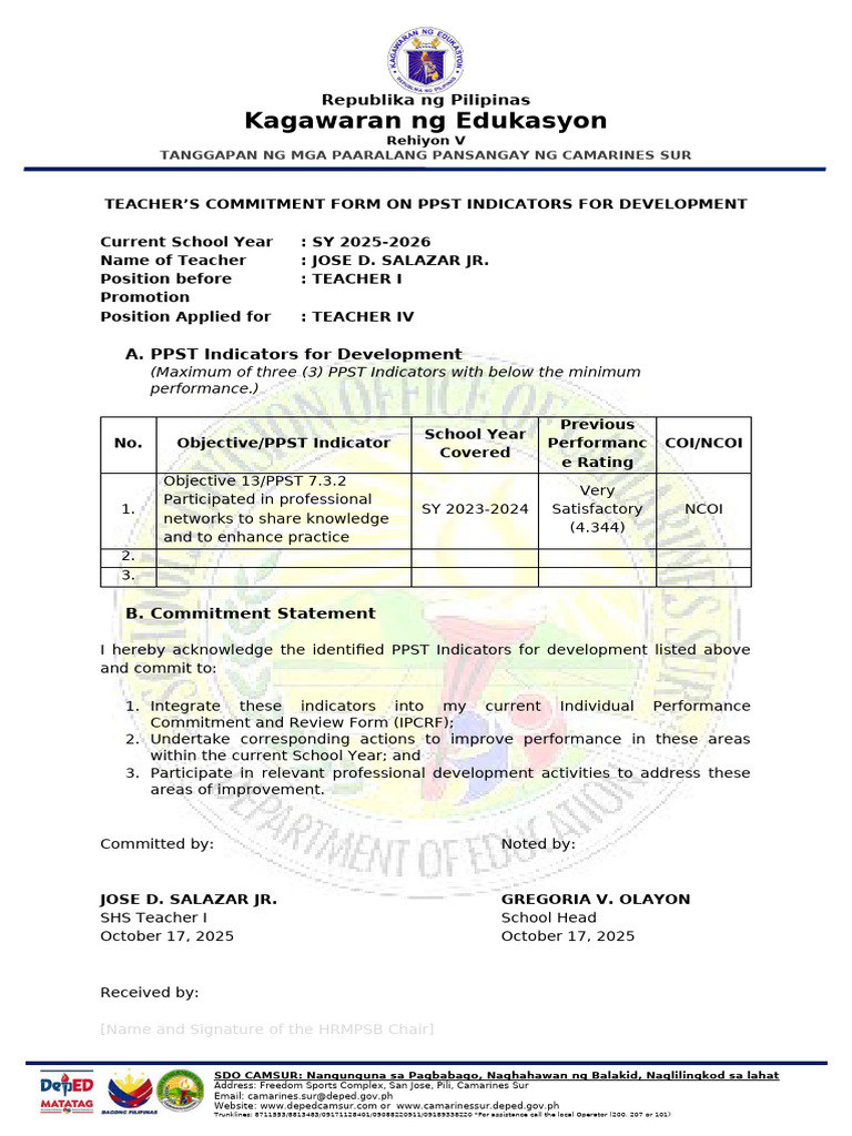 Teacher's Commitment Form On PPST Indicators For Development | PDF