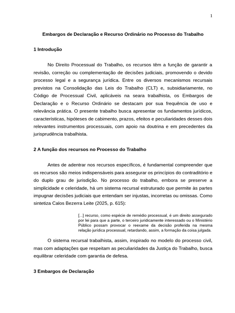 Embargos e Recurso Ordinário Trabalhista | PDF | Sentença (jurídico ...