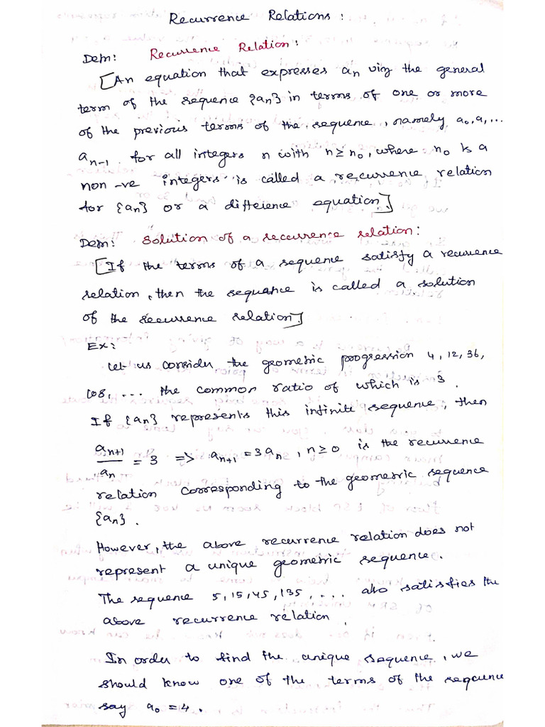 Recurrence Relation Hand Written Notes | PDF
