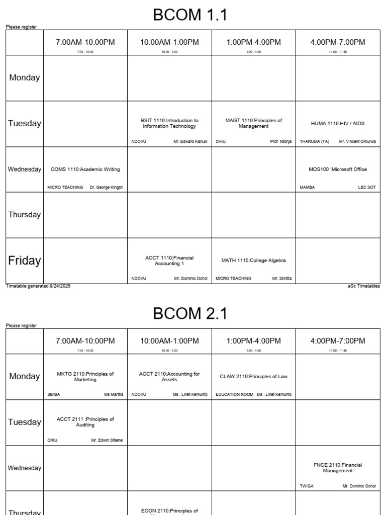 2025 Course Timetable Registration | PDF