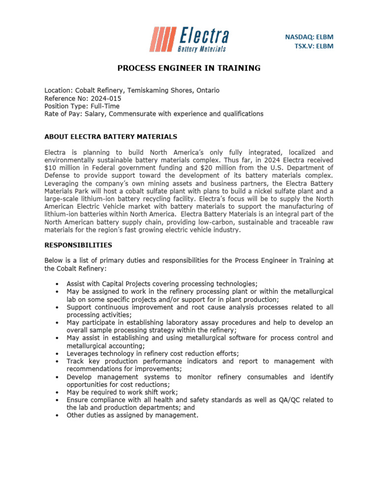 Electra Battery Materials Process Engineer in Training | PDF | Business