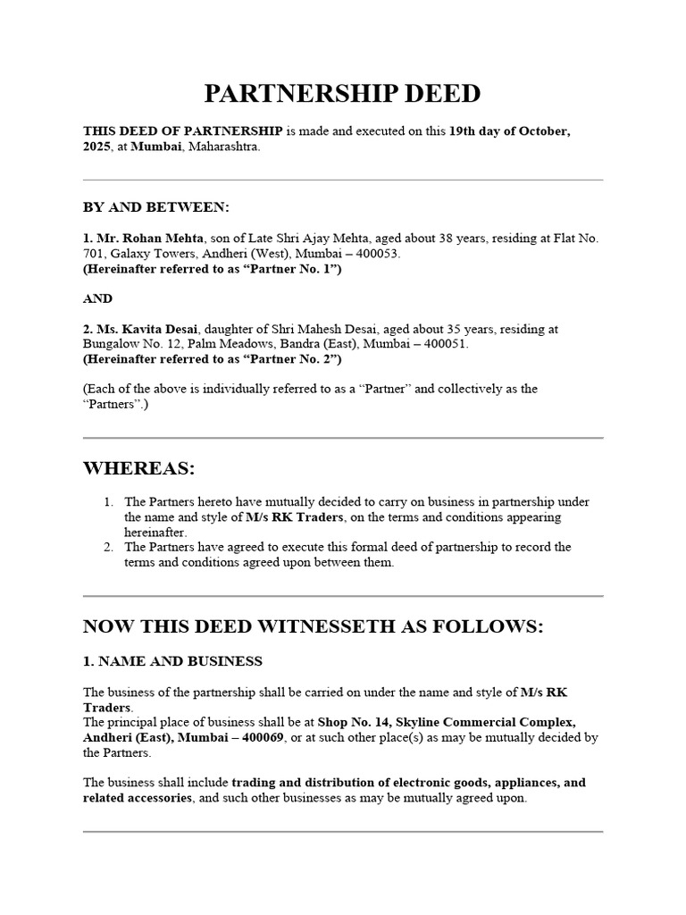Partnership Deed for RK Traders | PDF | Goodwill (Accounting) | Arbitration