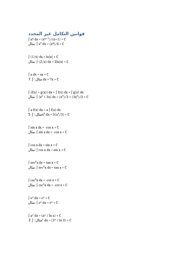 قوانين التكامل غير المحدد | PDF