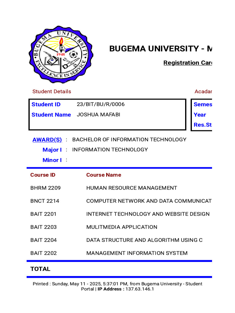 Bugema University Student Registration Card | PDF