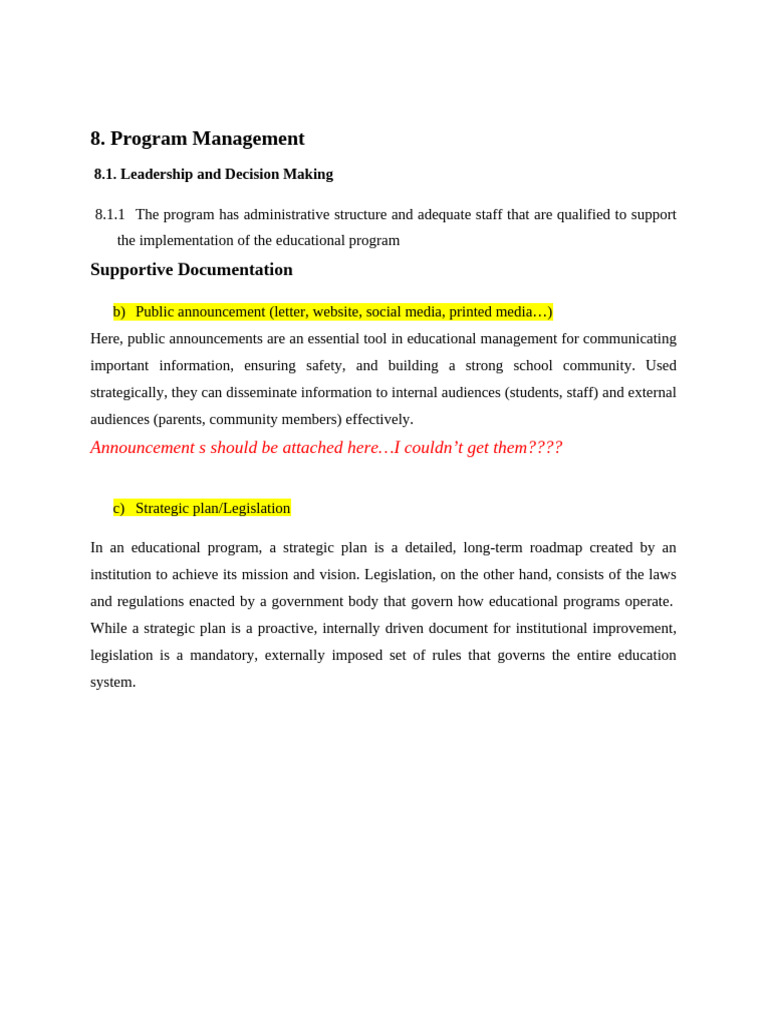 Program Management: Supportive Documentation | PDF