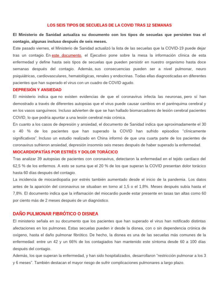 Los Seis Tipos de Secuelas de La Covid Tras 12 Semanas | PDF | Terapia ...