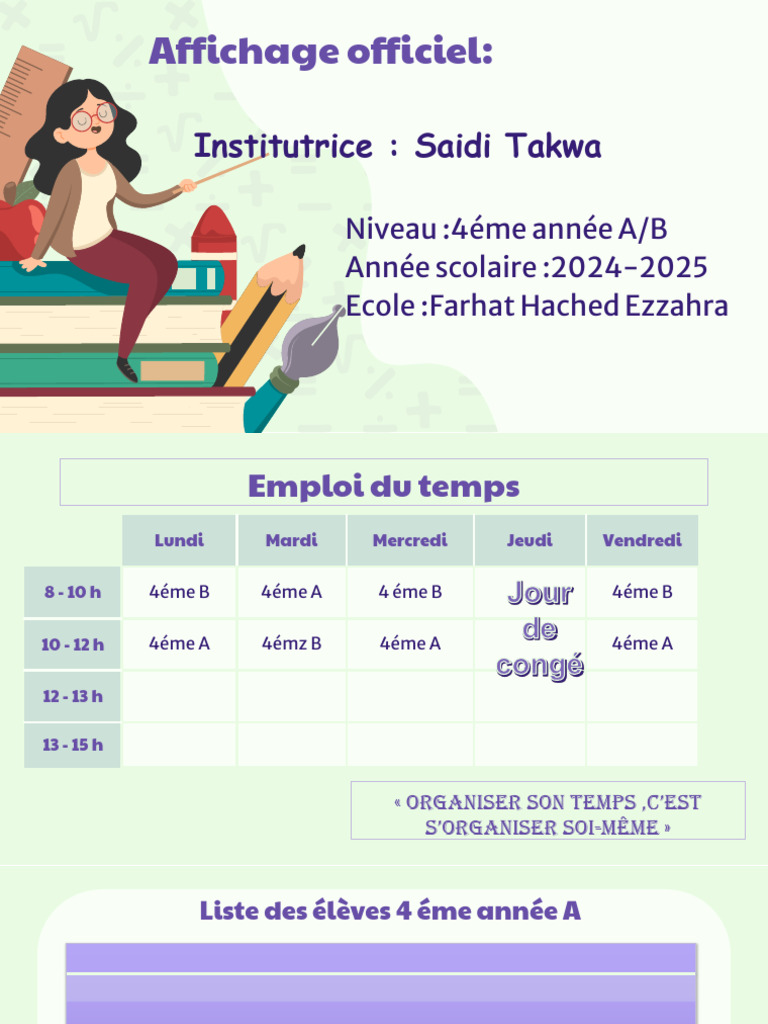 Emploi du temps 4e année 2024-2025 | PDF