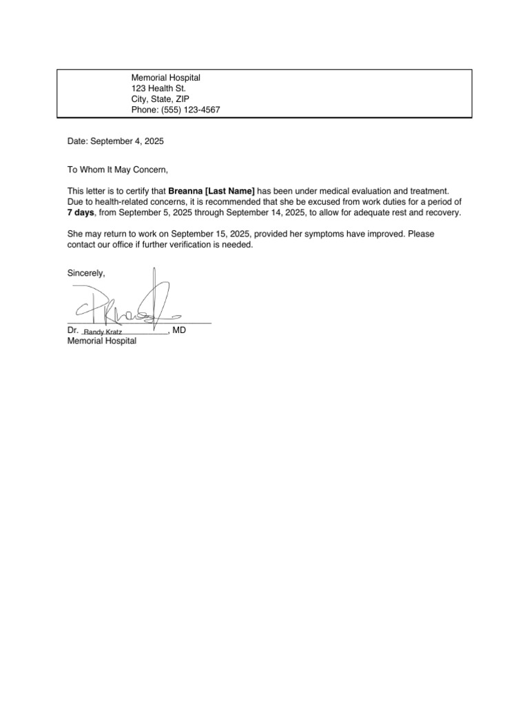Memorial Hospital Doctor's Note | PDF
