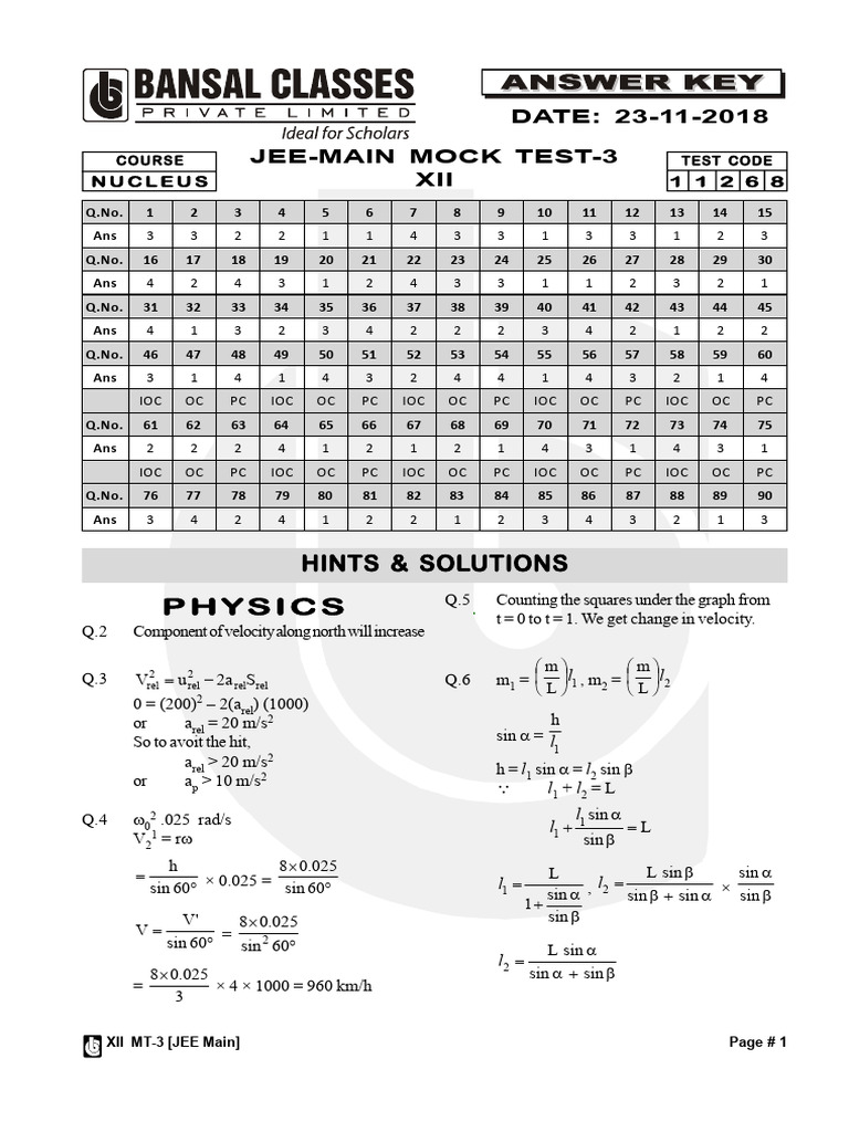 PMC-23-11-2018 MT-3 Ans Key Sol 12th | PDF | Physics | Mechanics