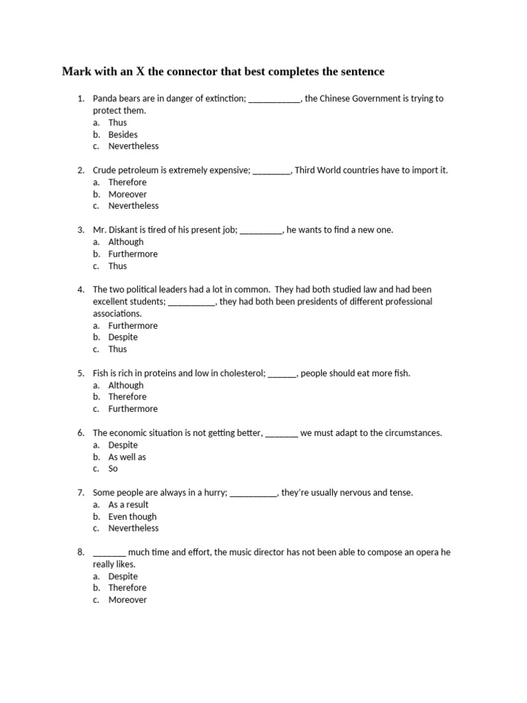 Connector Exercises for Sentence Completion | PDF