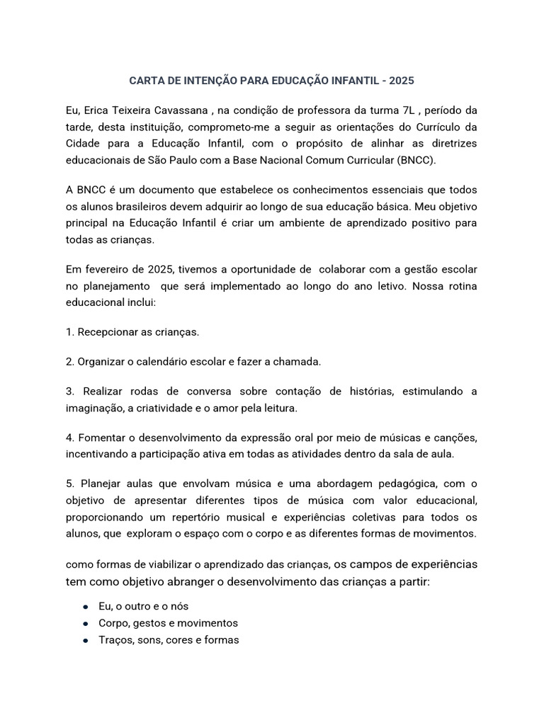 Carta de Intenção: Educação Infantil 2025 | PDF | Educação Infantil ...
