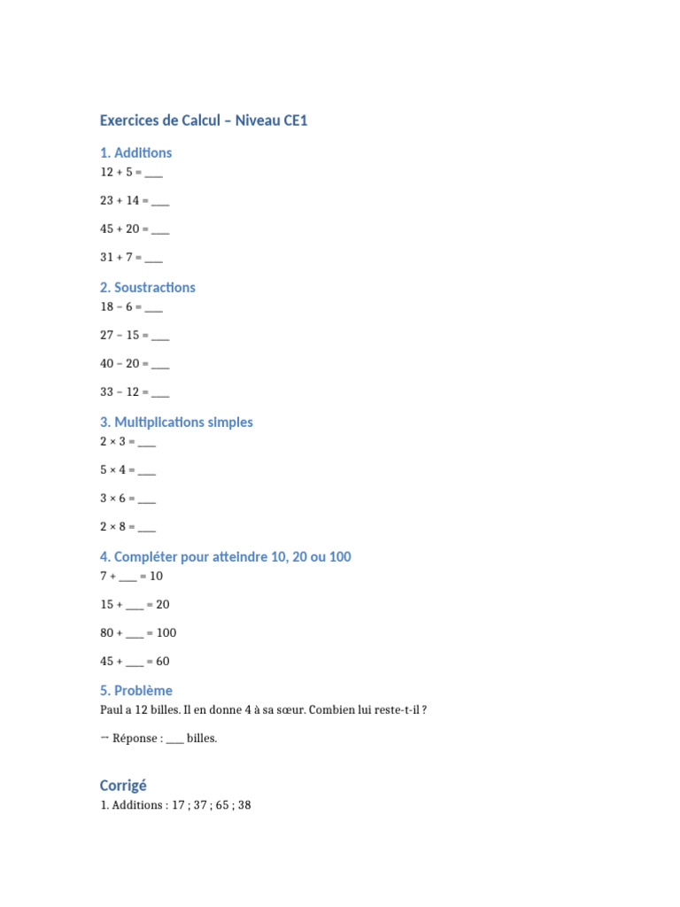 Exercices de Calcul pour CE1 | PDF