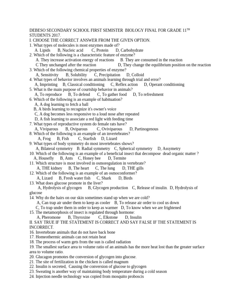 Grade 11 Biology Final Exam 2017 | PDF | Biology | Zoology