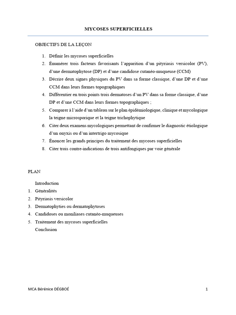 Mycoses superficielles définitions et traitements PDF Candidose — free download