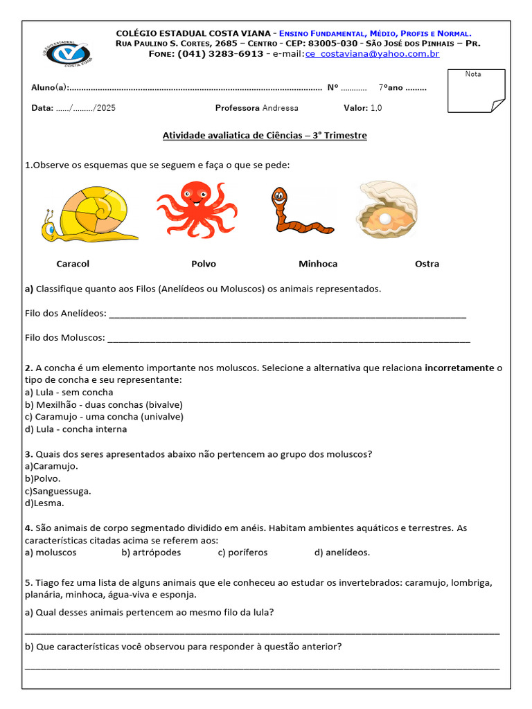 Atividade Avaliativa sobre Moluscos 7º Ano | PDF | Moluscos | Moluscos