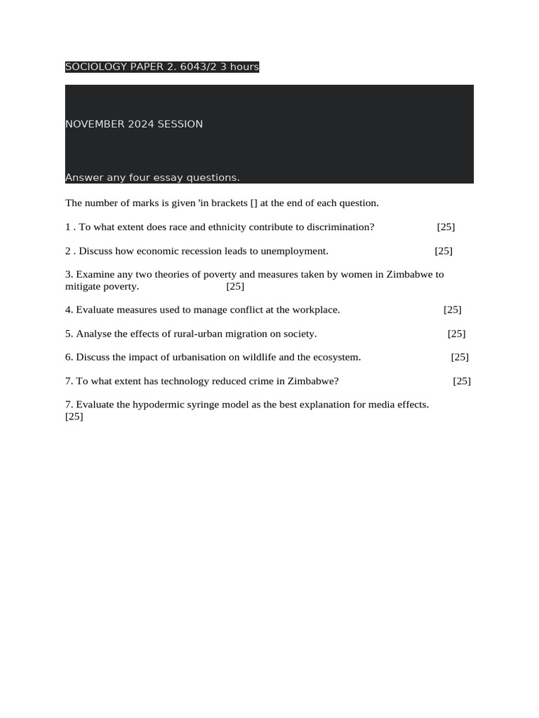 Sociology Paper 2 Exam Questions 2024 | PDF