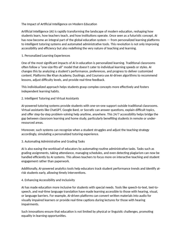 Impact of Artificial Intelligence On Modern Education | PDF ...