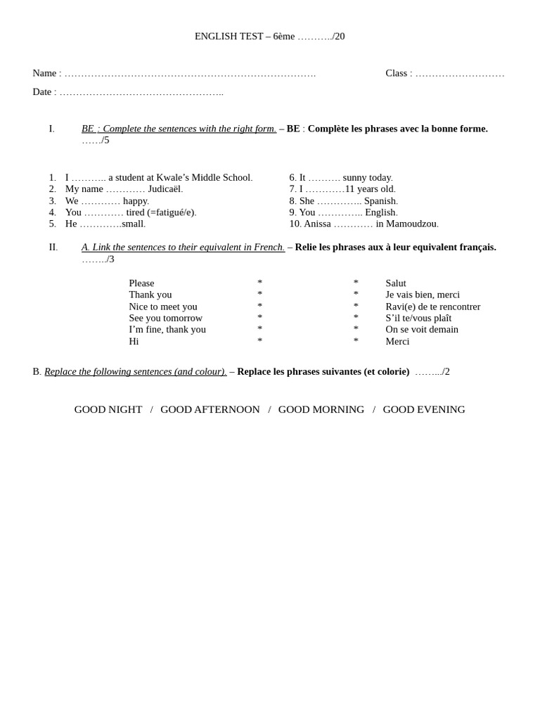 English Test for 6th Grade Students | PDF | Linguistic Typology ...