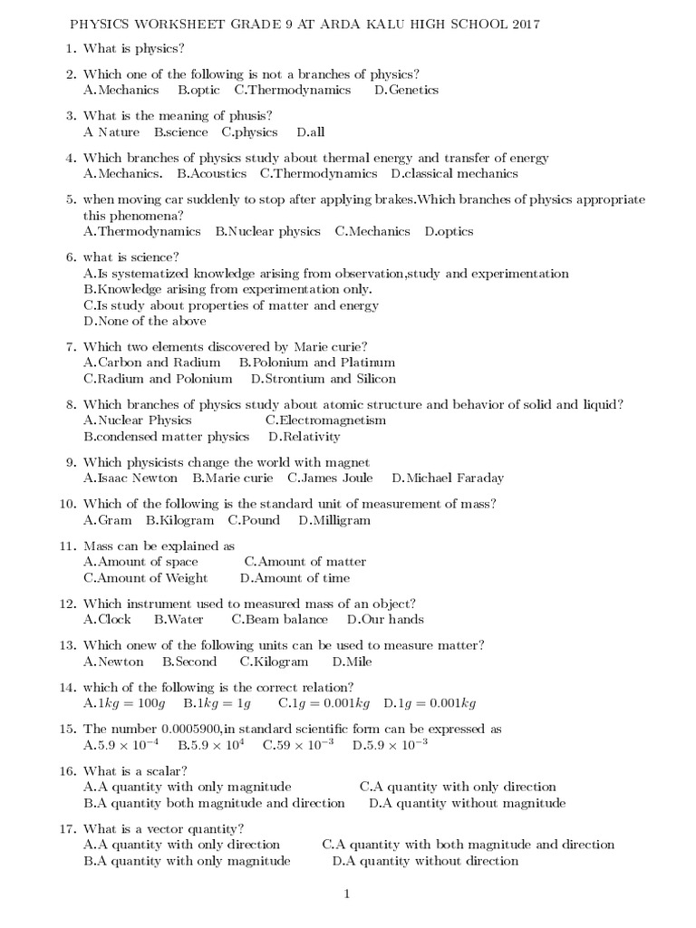 Grade 9 Physics Worksheet 2017 | PDF | Physics | Quantity