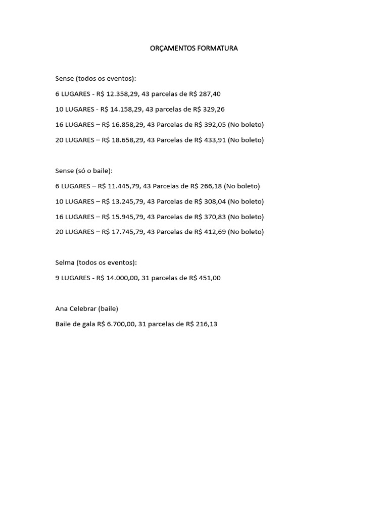 Orçamentos Formatura | PDF