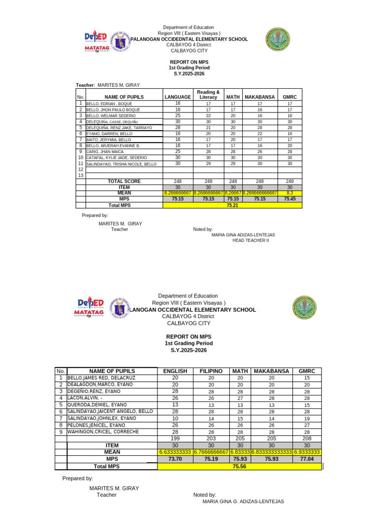 MPS Report for Palanogan Elementary | PDF