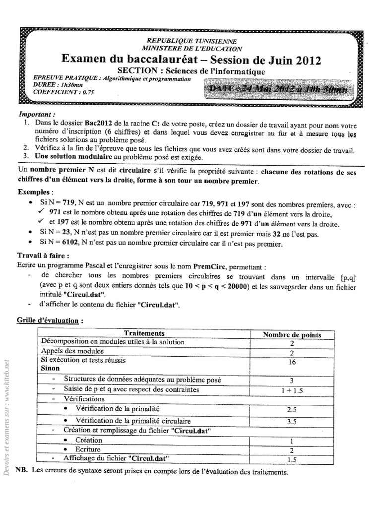 BAC Info 2012 Sujet 2 | PDF