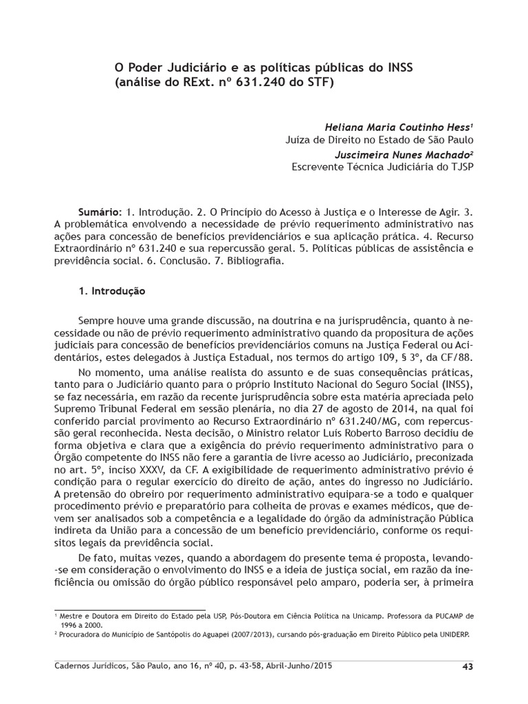 Judiciário e Políticas do INSS: Análise do RExt 631.240 | PDF | Ação ...